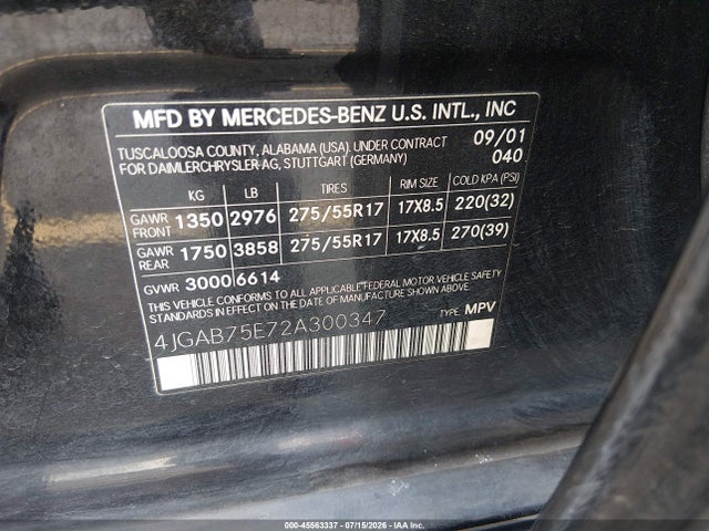 Aukcja sprzedaży 2002 Mercedes-benz Ml 500, vin: 4JGAB75E72A300347, numer aukcji: 45563337