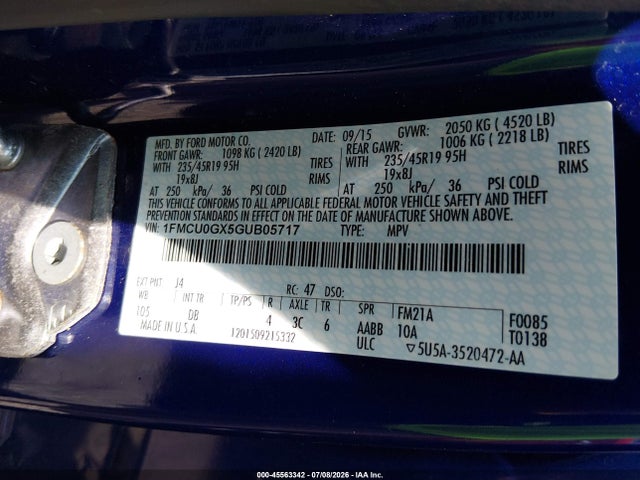 Продажа на аукционе авто 2016 Ford Escape Se, vin: 1FMCU0GX5GUB05717, номер лота: 45563342