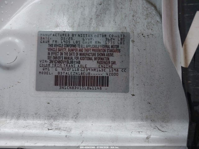 Aukcja sprzedaży 2025 Nissan Versa 1.6 S, vin: 3N1CN8DV1SL861148, numer aukcji: 45563366