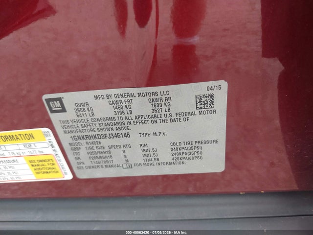 Chevrolet Traverse Lt 2015 1GNKRHKD3FJ346146 Image 9