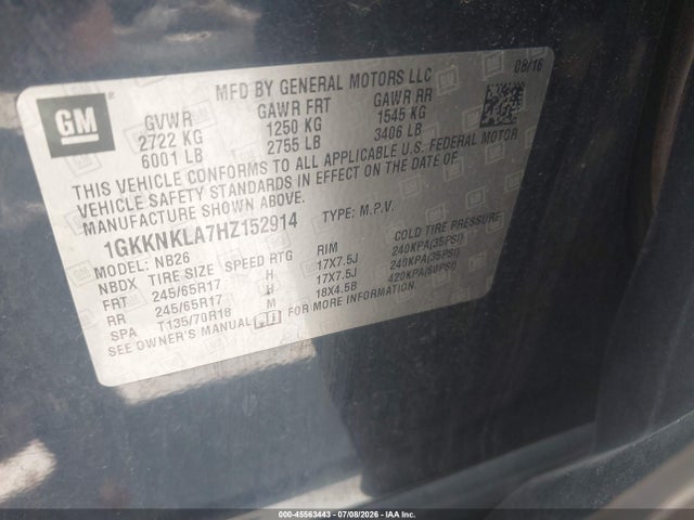 Aukcja sprzedaży 2017 Gmc Acadia Sle-1, vin: 1GKKNKLA7HZ152914, numer aukcji: 45563443