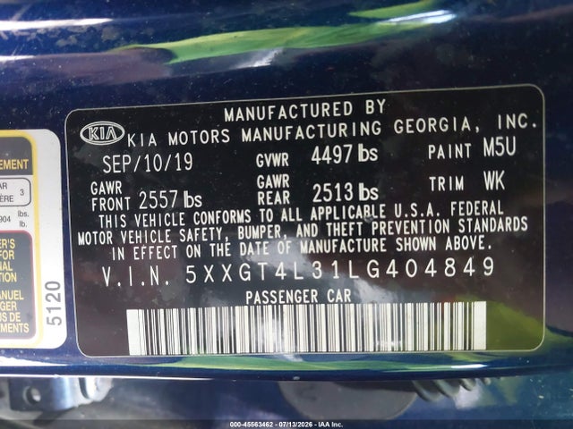 45563462 :رقم المزاد ، 5XXGT4L31LG404849 vin ، 2020 Kia Optima Lx مزاد بيع