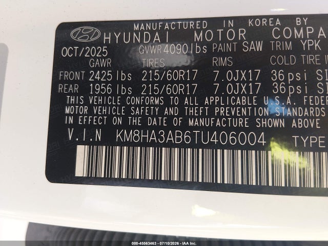 45563463 :رقم المزاد ، KM8HA3AB6TU406004 vin ، 2026 Hyundai Kona Se مزاد بيع