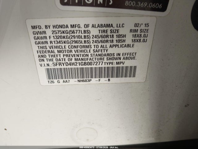 45563470 :رقم المزاد ، 5FRYD4H21GB007277 vin ، 2016 Acura Mdx Acurawatch Plus Package مزاد بيع