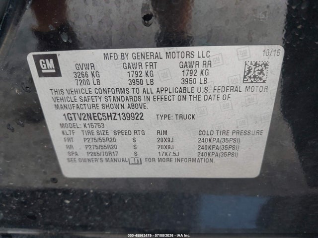 Aukcja sprzedaży 2017 Gmc Sierra 1500 Slt, vin: 1GTV2NEC5HZ139922, numer aukcji: 45563479