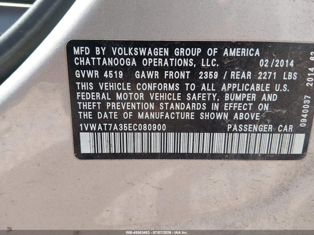 2014 Volkswagen Passat 1.8t Wolfsburg Edition მანქანა იყიდება აუქციონზე, vin: 1VWAT7A35EC080900, აუქციონის ნომერი: 45563483