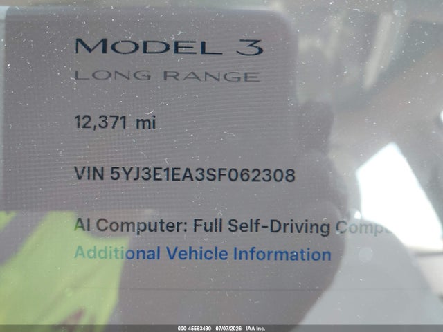Продаж на аукціоні авто 2025 Tesla Model 3 Long Range Rear-wheel Drive/standard Rear-wheel Drive, vin: 5YJ3E1EA3SF062308, номер лоту: 45563490