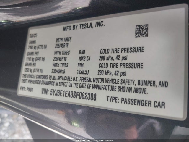 Продаж на аукціоні авто 2025 Tesla Model 3 Long Range Rear-wheel Drive/standard Rear-wheel Drive, vin: 5YJ3E1EA3SF062308, номер лоту: 45563490