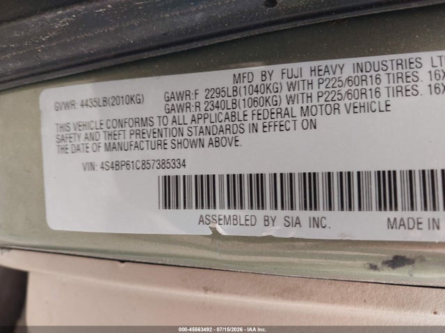 2005 Subaru Outback 2.5i მანქანა იყიდება აუქციონზე, vin: 4S4BP61C857385334, აუქციონის ნომერი: 45563492
