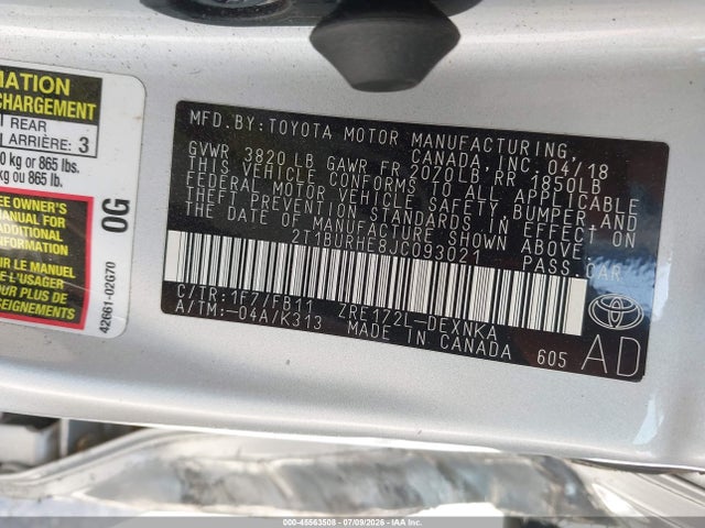 Aukcja sprzedaży 2018 Toyota Corolla L/le/xle/se/xse, vin: 2T1BURHE8JC093021, numer aukcji: 45563508