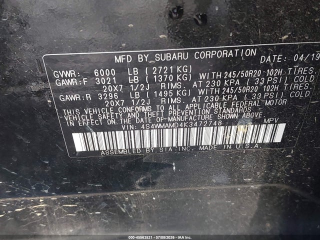 45563521 :رقم المزاد ، 4S4WMAMD4K3472748 vin ، 2019 Subaru Ascent Limited مزاد بيع