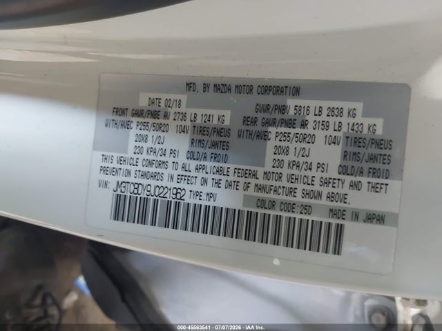 2018 Mazda Cx-9 Grand Touring მანქანა იყიდება აუქციონზე, vin: JM3TCBDY9J0221962, აუქციონის ნომერი: 45563541