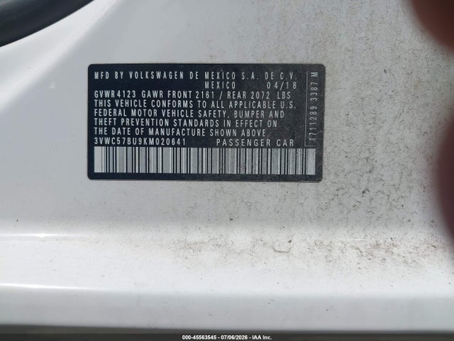 Продажа на аукционе авто 2019 Volkswagen Jetta 1.4t R-line/1.4t S/1.4t Se, vin: 3VWC57BU9KM020641, номер лота: 45563545