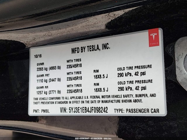 2018 Tesla Model 3 Long Range/performance მანქანა იყიდება აუქციონზე, vin: 5YJ3E1EB4JF098242, აუქციონის ნომერი: 45563547