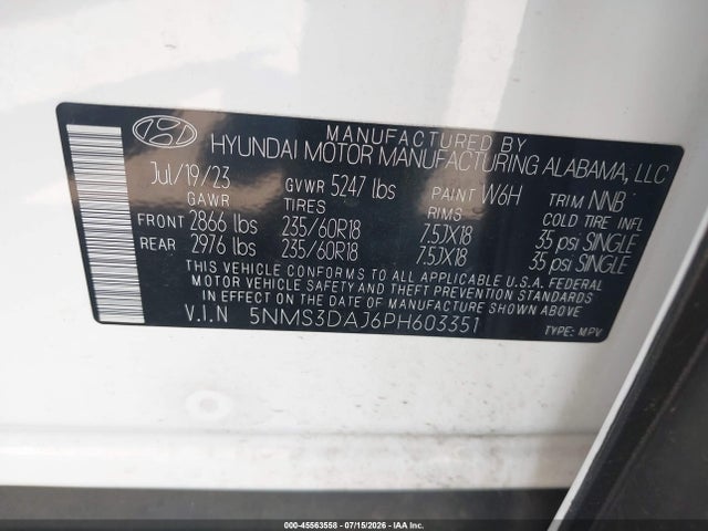 Продаж на аукціоні авто 2023 Hyundai Santa Fe Sel, vin: 5NMS3DAJ6PH603351, номер лоту: 45563558