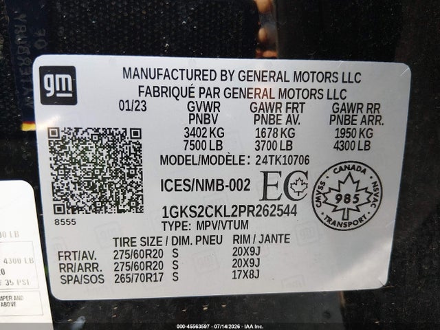 Продаж на аукціоні авто 2023 Gmc Yukon At4, vin: 1GKS2CKL2PR262544, номер лоту: 45563597