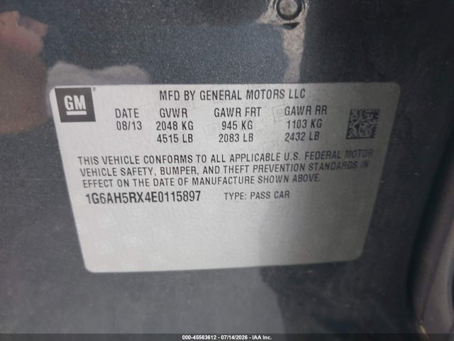 45563612 :رقم المزاد ، 1G6AH5RX4E0115897 vin ، 2014 Cadillac Ats Luxury مزاد بيع