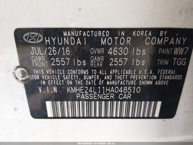 Aukcja sprzedaży 2017 Hyundai Sonata Hybrid Se, vin: KMHE24L11HA048510, numer aukcji: 45563620