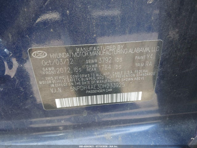 2013 Hyundai Elantra Limited მანქანა იყიდება აუქციონზე, vin: 5NPDH4AE3DH233925, აუქციონის ნომერი: 45563621