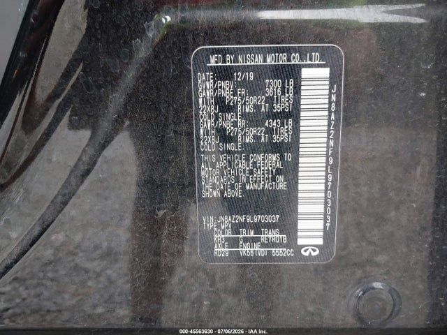 Aukcja sprzedaży 2020 Infiniti Qx80 Luxe, vin: JN8AZ2NF9L9703037, numer aukcji: 45563630