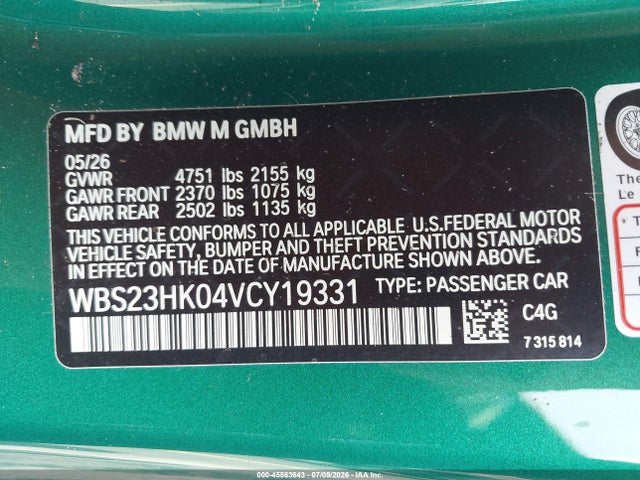 Aukcja sprzedaży 2027 Bmw M4, vin: WBS23HK04VCY19331, numer aukcji: 45563643