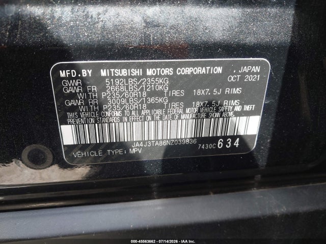 Aukcja sprzedaży 2022 Mitsubishi Outlander Es 2.5 2wd, vin: JA4J3TA86NZ039836, numer aukcji: 45563662