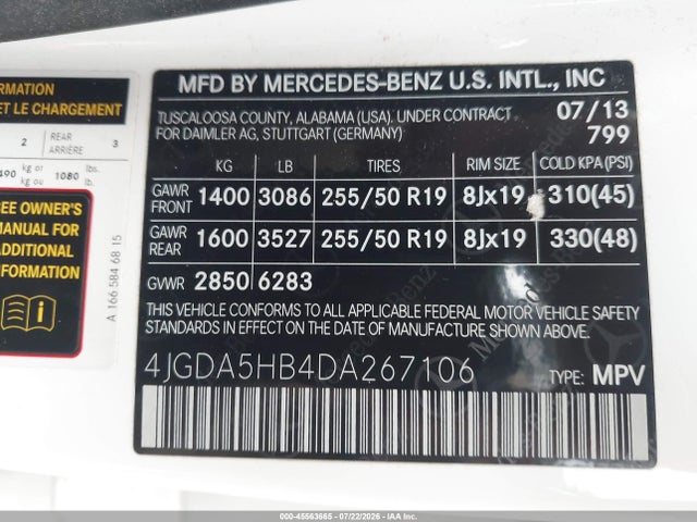 Aukcja sprzedaży 2013 Mercedes-benz Ml 350 4matic, vin: 4JGDA5HB4DA267106, numer aukcji: 45563665