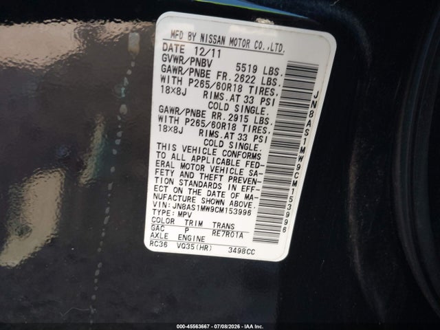 Aukcja sprzedaży 2012 Infiniti Fx35, vin: JN8AS1MW9CM153996, numer aukcji: 45563667