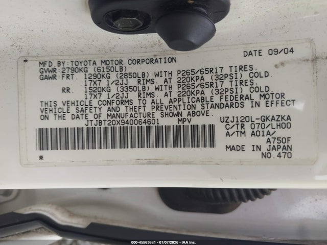 Aukcja sprzedaży 2004 Lexus Gx 470, vin: JTJBT20X940064601, numer aukcji: 45563681