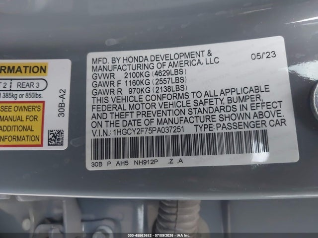45563682 :رقم المزاد ، 1HGCY2F75PA037251 vin ، 2023 Honda Accord Hybrid Sport-l مزاد بيع