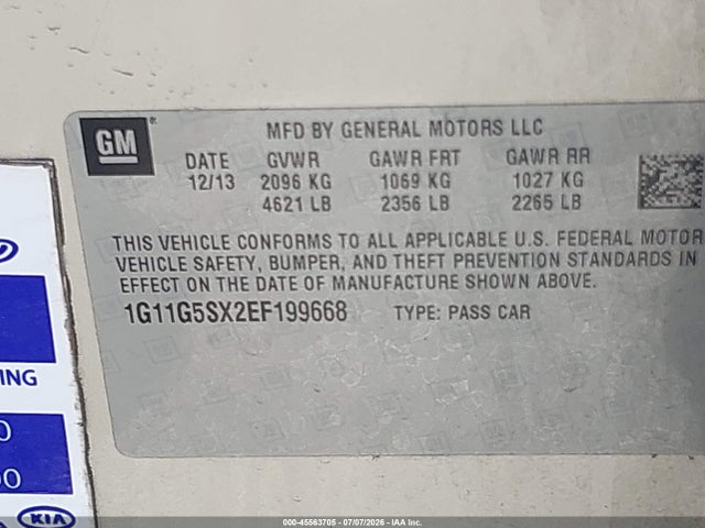 2014 Chevrolet Malibu 3lt მანქანა იყიდება აუქციონზე, vin: 1G11G5SX2EF199668, აუქციონის ნომერი: 45563705