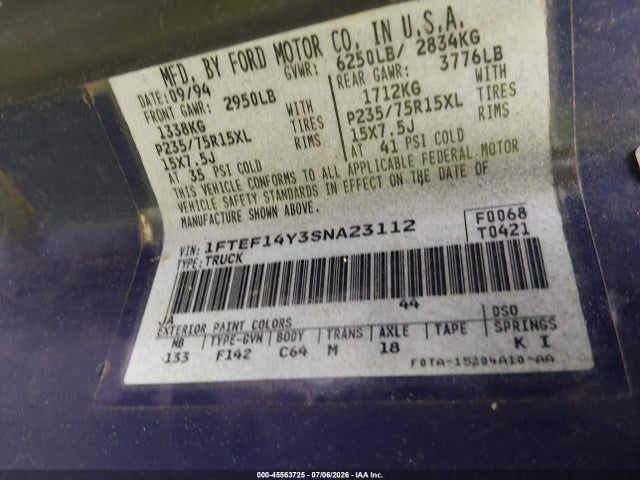 Продажа на аукционе авто 1995 Ford F150, vin: 1FTEF14Y3SNA23112, номер лота: 45563725