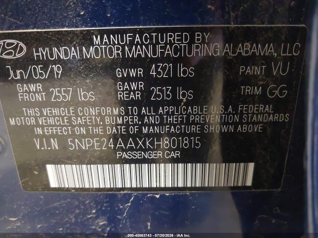 5NPE24AAXKH801815 Hyundai SONATA ECO
