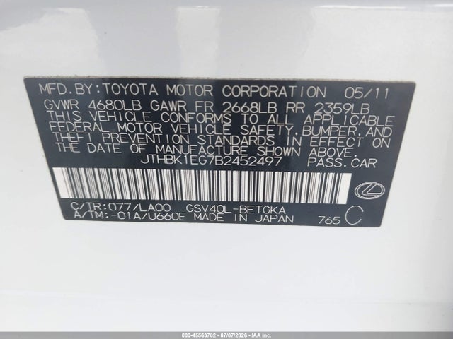 Продажа на аукционе авто 2011 Lexus Es 350, vin: JTHBK1EG7B2452497, номер лота: 45563762