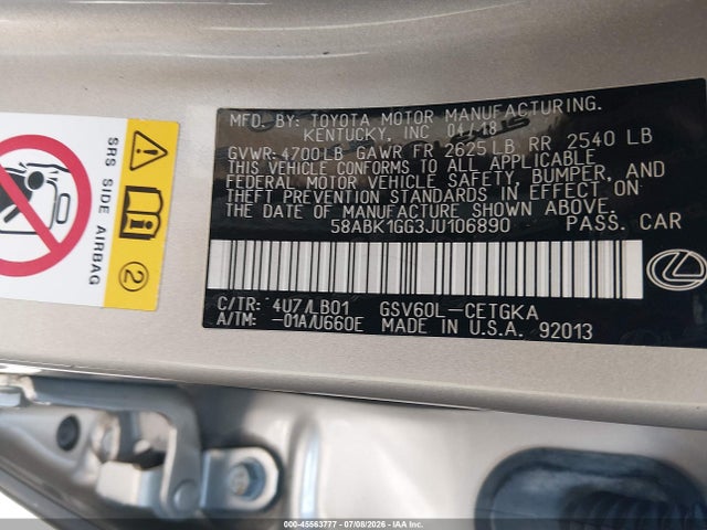 Продажа на аукционе авто 2018 Lexus Es 350, vin: 58ABK1GG3JU106890, номер лота: 45563777