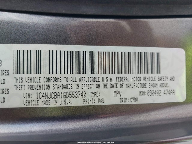 Aukcja sprzedaży 2016 Jeep Compass Sport, vin: 1C4NJCBA1GD553740, numer aukcji: 45563779