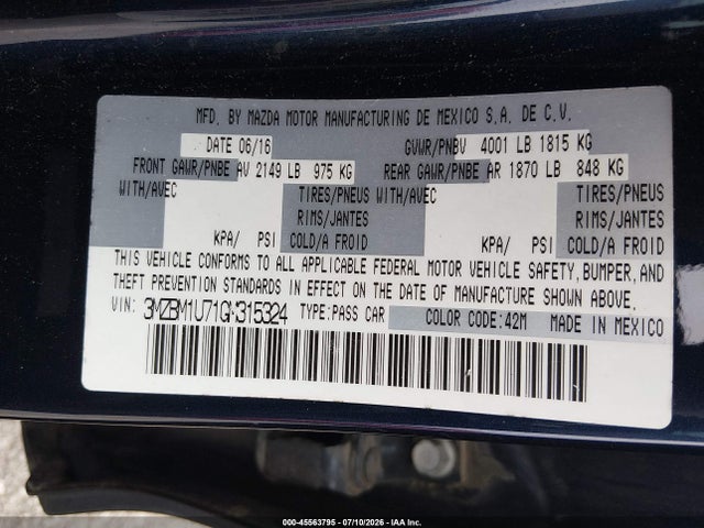 2016 Mazda Mazda3 I Sport მანქანა იყიდება აუქციონზე, vin: 3MZBM1U71GM315324, აუქციონის ნომერი: 45563795