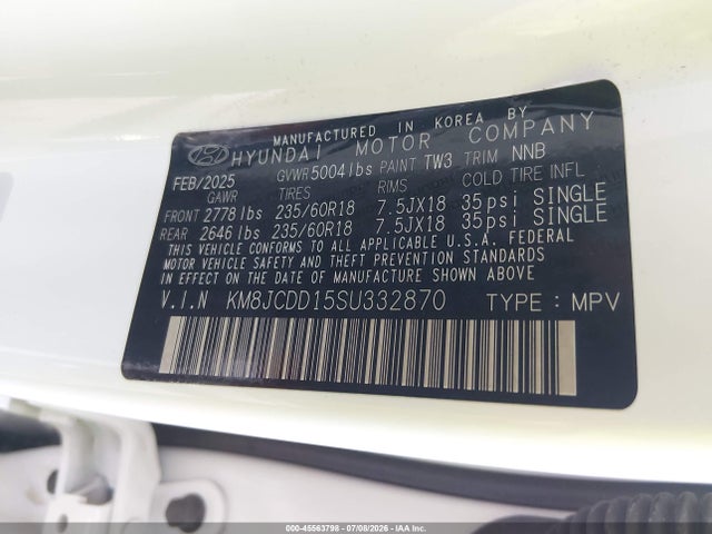 Продаж на аукціоні авто 2025 Hyundai Tucson Hybrid Sel Convenience, vin: KM8JCDD15SU332870, номер лоту: 45563798