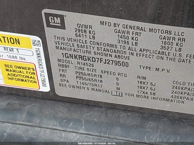 45563800 :رقم المزاد ، 1GNKRGKD7FJ279500 vin ، 2015 Chevrolet Traverse Lt مزاد بيع