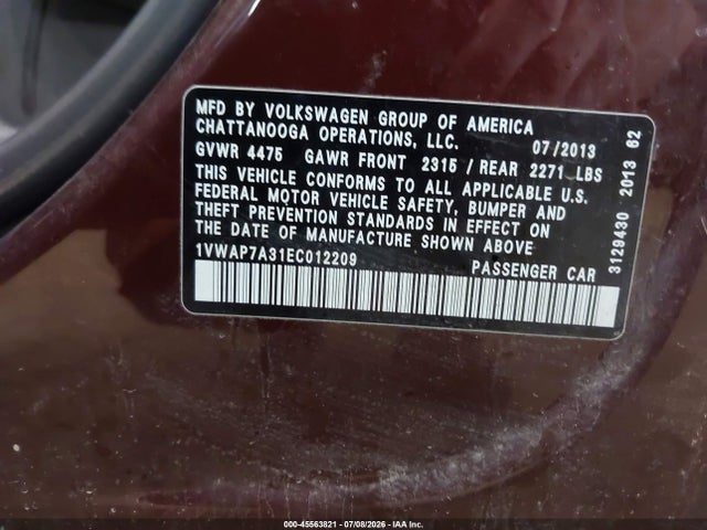Продаж на аукціоні авто 2014 Volkswagen Passat 2.5l S, vin: 1VWAP7A31EC012209, номер лоту: 45563821