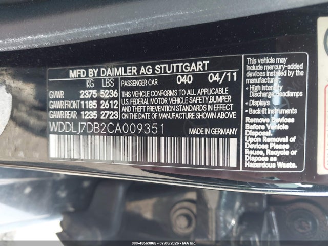 45563865 :رقم المزاد ، WDDLJ7DB2CA009351 vin ، 2012 Mercedes-benz Cls 550 مزاد بيع