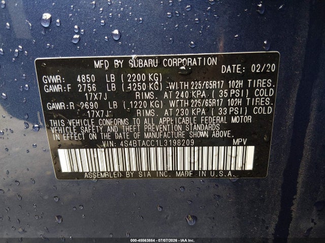 2020 Subaru Outback Premium მანქანა იყიდება აუქციონზე, vin: 4S4BTACC1L3198209, აუქციონის ნომერი: 45563884