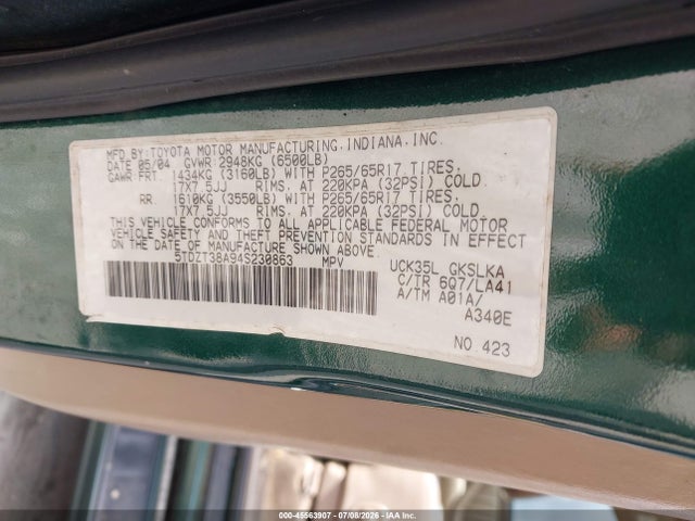 2004 Toyota Sequoia Limited V8 მანქანა იყიდება აუქციონზე, vin: 5TDZT38A94S230863, აუქციონის ნომერი: 45563907