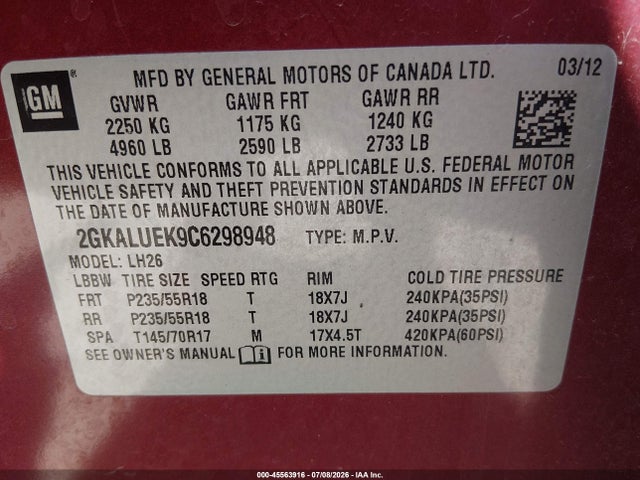 Продаж на аукціоні авто 2012 Gmc Terrain Slt-1, vin: 2GKALUEK9C6298948, номер лоту: 45563916