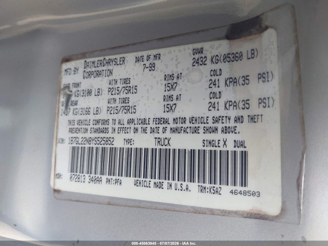45563945 :رقم المزاد ، 1B7GL22N8YS525852 vin ، 2000 Dodge Dakota Slt/sport مزاد بيع