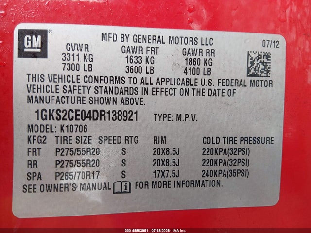 45563951 :رقم المزاد ، 1GKS2CE04DR138921 vin ، 2013 Gmc Yukon Slt مزاد بيع
