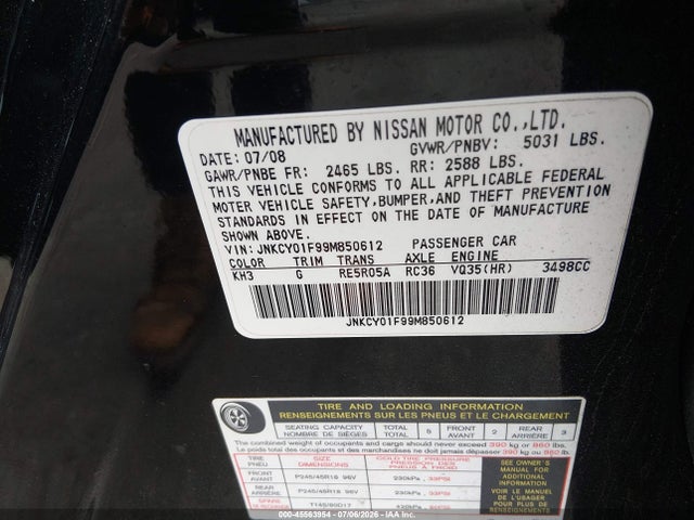 45563954 :رقم المزاد ، JNKCY01F99M850612 vin ، 2009 Infiniti M35x مزاد بيع