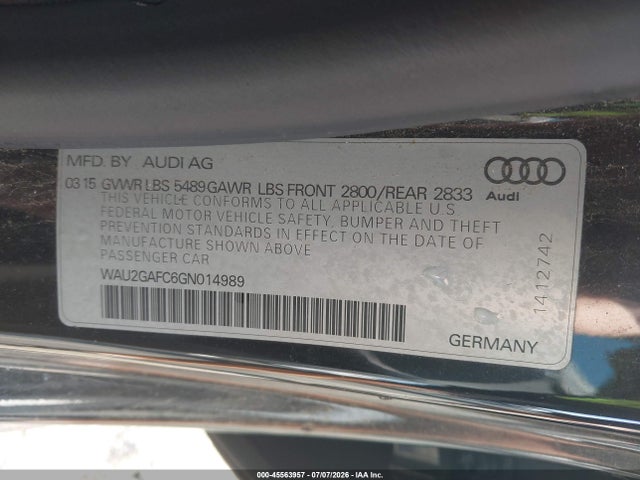 2016 Audi A7 3.0 Prestige მანქანა იყიდება აუქციონზე, vin: WAU2GAFC6GN014989, აუქციონის ნომერი: 45563957