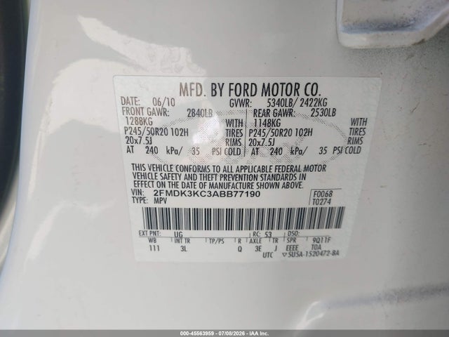 Aukcja sprzedaży 2010 Ford Edge Limited, vin: 2FMDK3KC3ABB77190, numer aukcji: 45563959