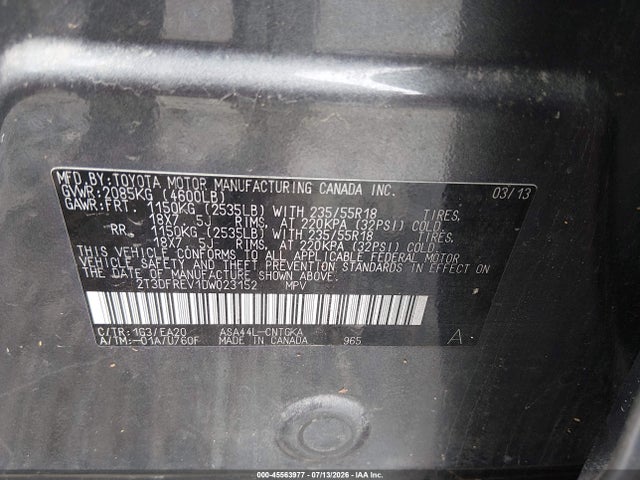 45563977 :رقم المزاد ، 2T3DFREV1DW023152 vin ، 2013 Toyota Rav4 Limited مزاد بيع